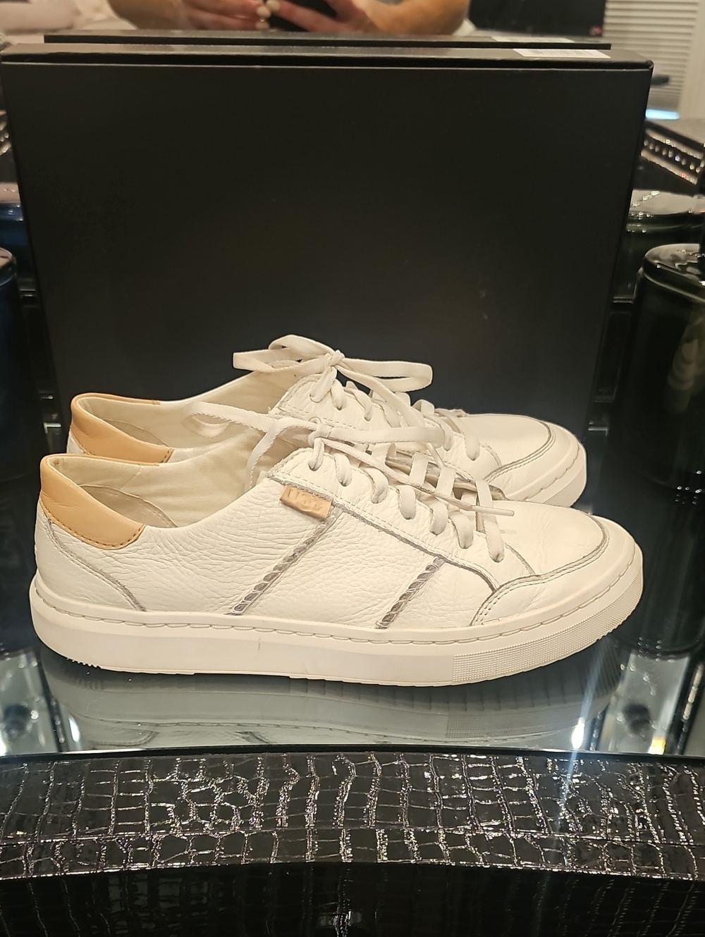 UGG Women's White Leather Sneakers with Tan Heel Patch